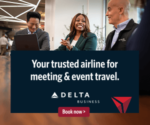 Three people behind a counter laughing with text "Your trusted airline for meeting & event travel. Delta Business. Book Now.